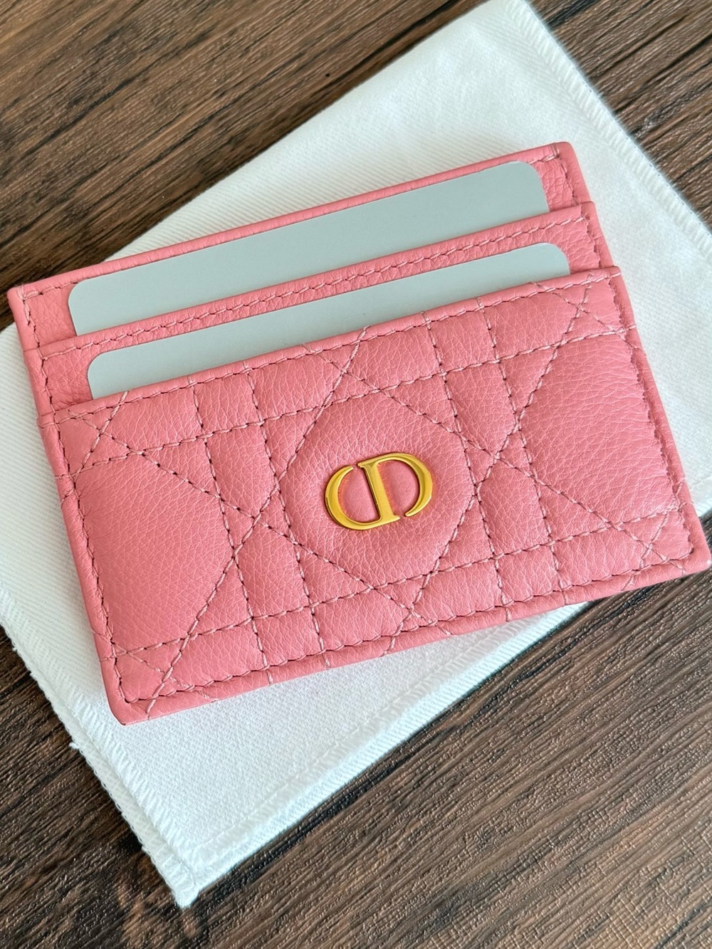 NEW DIOR Cannage Stitched Calf Leather Card Holder in Pink